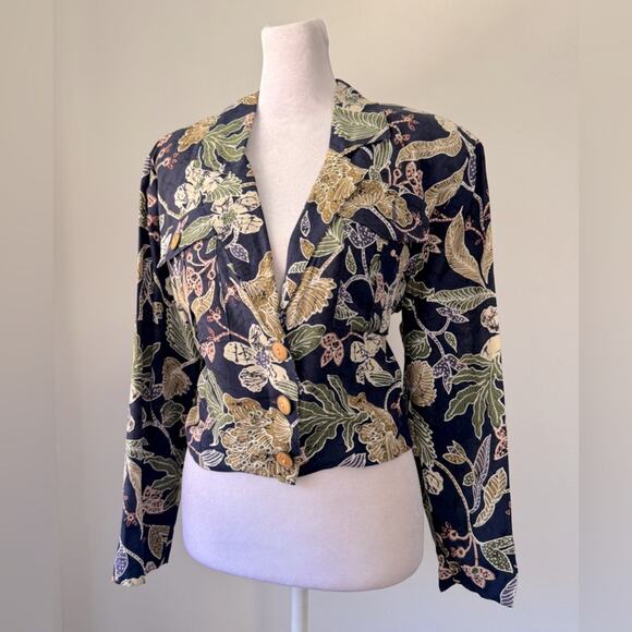 Vintage ‘90s HMS by Jonathan Martin Navy Floral Print Lightweight Cropped Blazer - Picture 3 of 8